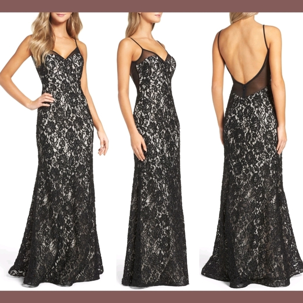 XSCAPE Gorgeous Lace Slipdress Black Nude Dress Evening Gown Size 8